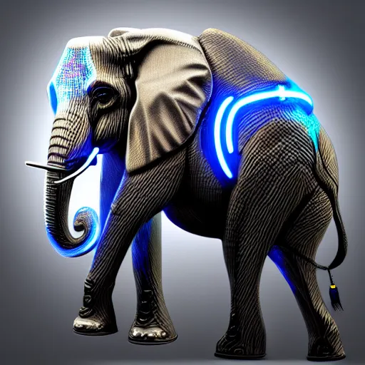 Prompt: hyper realistic cybertronic elephant. high details of body and face. complex realistic mechanical body. blue led. cyberpunk style, natural realistic render, trending on art station, 8 k render alan lee, by artgerm.