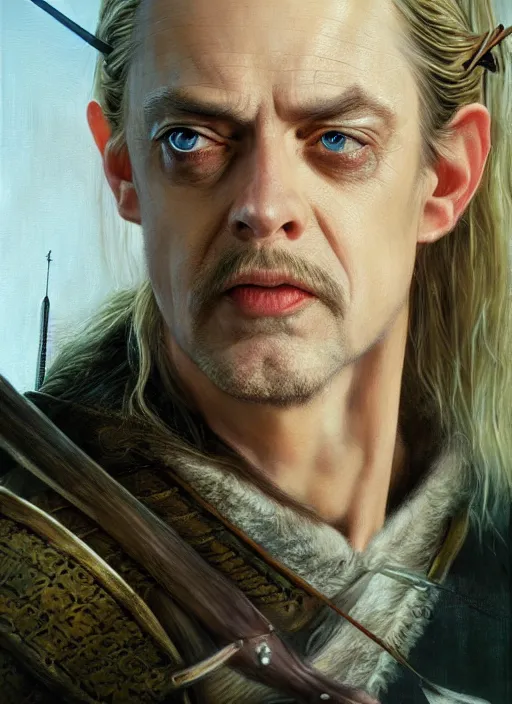 Image similar to portrait of steve buscemi as legolas, action shot, elven archer, by alan lee, lord of the rings, smooth, detailed terrain, oil painting, matte painting, concept art, trending on artstation, promotional artwork, film still, elegant, photorealistic facial features, intricate, detailed face, cinematic lighting