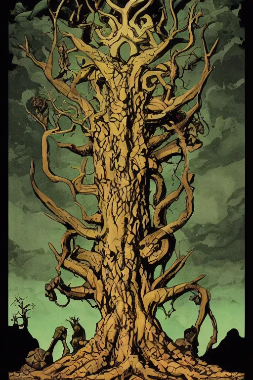 Prompt: Yggdrasil the tree of life by Mike Mignola and Richard Corben, trending on artstation, stylized, angular, symmetrical