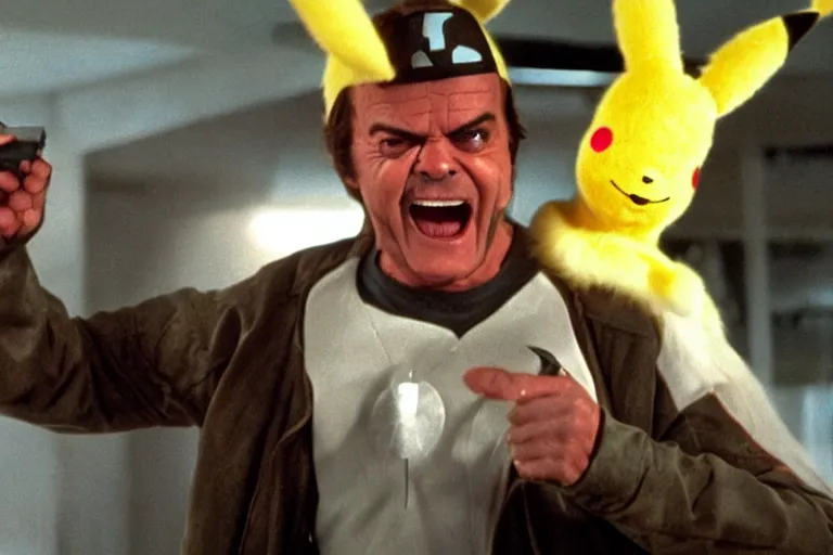 Image similar to Jack Nicholson in costume of Pikachu Terminator scene where his endoskeleton gets exposed and his eye glow red still from the film