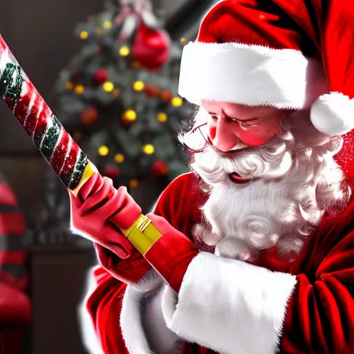 Prompt: high quality photo of santa claus with a candy cane sword, movie still, cinematic, 8 k, unreal engine, 3 d render