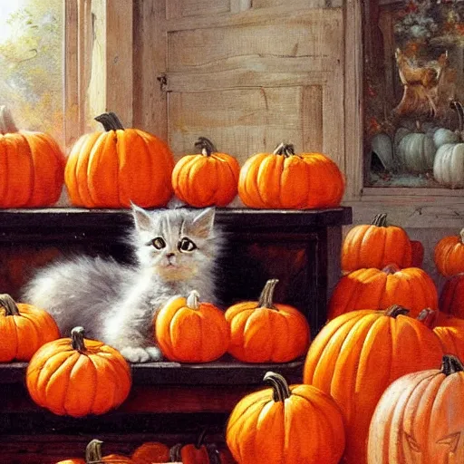 Image similar to a cute fluffy kitten amidst piles of pumpkins. halloween autumn fall art. beautiful painting by henriette ronner - knip and artgerm and greg rutkowski