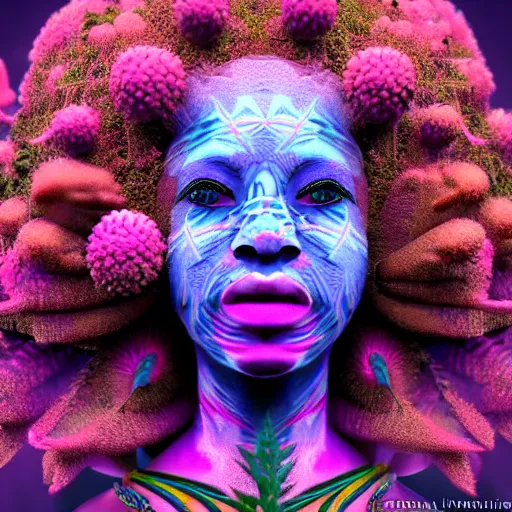 Image similar to a female african marijuanna! shaman with an afro made of flowers, third eye art art by machina infinitum, complexity from simplicity, rendered in octane, mandelbulb 3 d, ambient occlusion, macro photography, felt!!! texture, tribal, pastel! retrowave