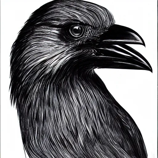 Prompt: detailed crow illustration, full body, surrealist, black ink on white paper, sketched 4k