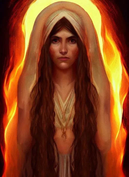 Image similar to Beautiful priestess from the oracle of Delphi, looking into the flames, greek mythology, high face detail, full body, digital art, trending on artstation, dramatic lighting