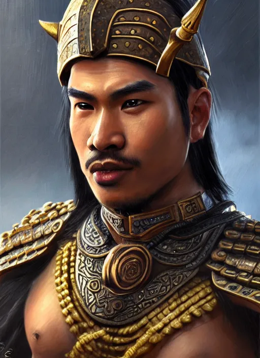 Image similar to smart tai warlord, closeup portrait, historical hero, ethnic group, sukhothai costume, bronze headset, intricate, with leather armor cross on bare chest, tai body tattoo, elegant, loin cloth, highly detailed, oil painting, artstation, concept art, matte, sharp focus, illustration, hearthstone, art by earl norem