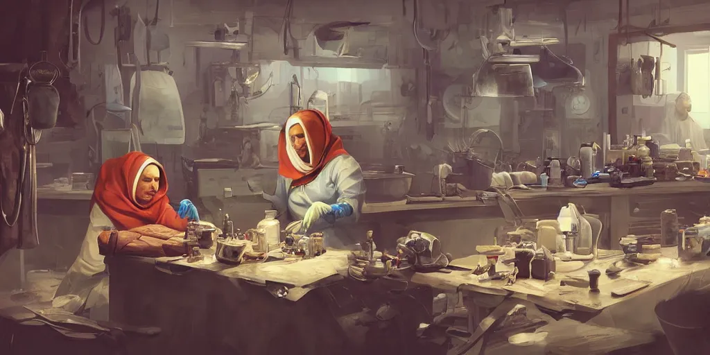 Image similar to an environmental concept art of a babushka surgeon in a cluttered mechanics workshop, surgical impliments, surgery table, highly detailed, cinematic, dramatic