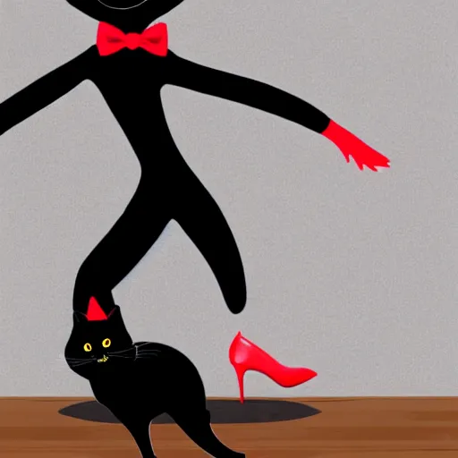 Prompt: a detailed full height photo of a extravagant black cat dancing and wearing high heels