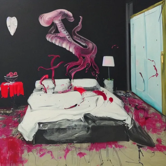 Image similar to bedroom with black walls and a futon, sensual portrait of a woman sleeping, cracked handmade pottery vase, candles, white flowers on the floor, puddle of water, octopus, squashed berries, neo - expressionism, surrealism, acrylic and spray paint and oilstick on canvas