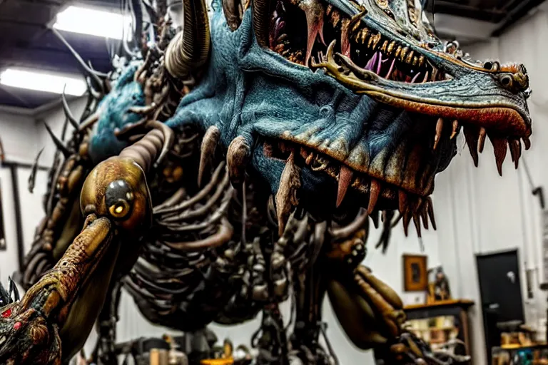 Image similar to wide angle photo taken of an epic intricate, ultra detailed, super realistic gritty, hero prop, exquisitely painted animatronic movie prop of a lifelike sculpture of a nightmarish creature displayed in the workshop, created by weta workshop, full body shot, photorealistic, sharp focus