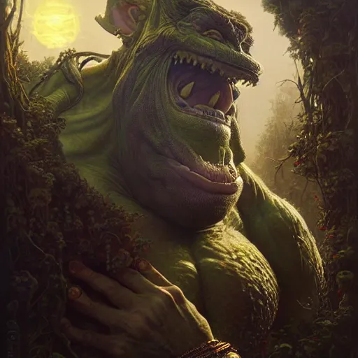 Image similar to a hyperrealistic illustration of a mix of an oger and giant and goblin, 8 k ultra realistic creature, detailed intricate, with fractal sunlight, award - winning, masterpiece, in the style of tom bagshaw, cedric peyravernay, peter mohrbacher