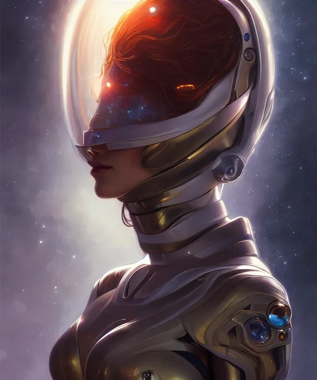 Prompt: futuristic spacesuit woman big breast portrait, sci-fi, amber eyes, face, long hair, fantasy, intricate, elegant, highly detailed, digital painting, artstation, concept art, smooth, sharp focus, illustration, art by artgerm and greg rutkowski and alphonse mucha