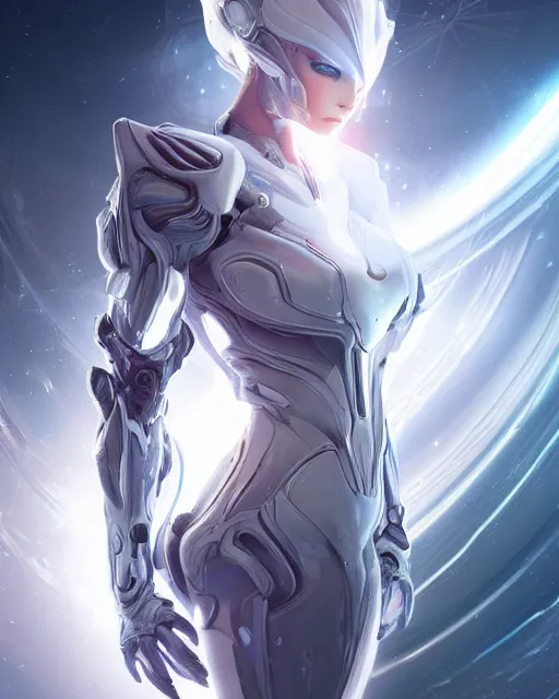 Image similar to photo of a beautiful girl on a mothership, android, warframe armor, pretty face, scifi, futuristic, galaxy, raytracing, dreamy, perfect, aura of light, pure, white hair, blue cyborg eyes, glow, insanely detailed, artstation, innocent look, art by gauthier leblanc, kazuya takahashi, huifeng huang