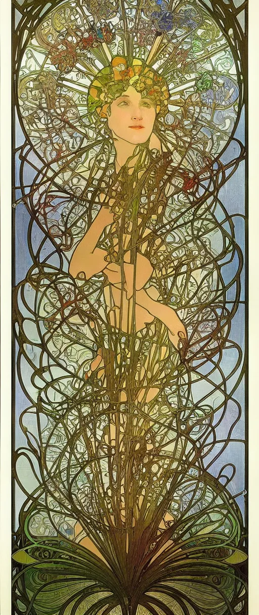 Prompt: neuroscience, nerve cells, neuron, brain, intricate, stained glass by alphonse mucha