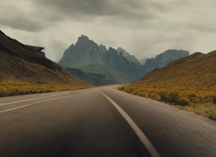 Image similar to A very high resolution image from a new movie, landscape from a car window , mountains, raining, hot, directed by wes anderson