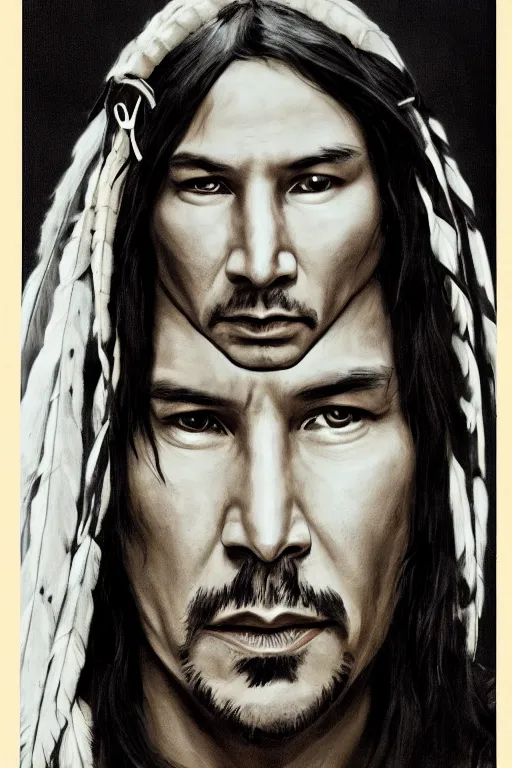 Image similar to Photo of Native American indian man Keanu Reeves, portrait, skilled warrior of the Apache, ancient, realistic, detailed, Keanu Reeves