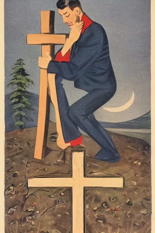 Image similar to man kneeling at the base of a wooden cross, 1960’s advertising art illustration