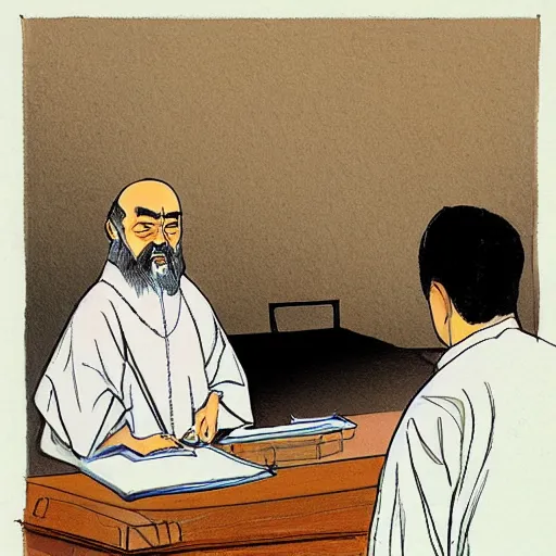 Image similar to Confucius and jury trial in the american courtroom sketch by Batton Lash by John M. Downs by Leo Hershfield, concept art