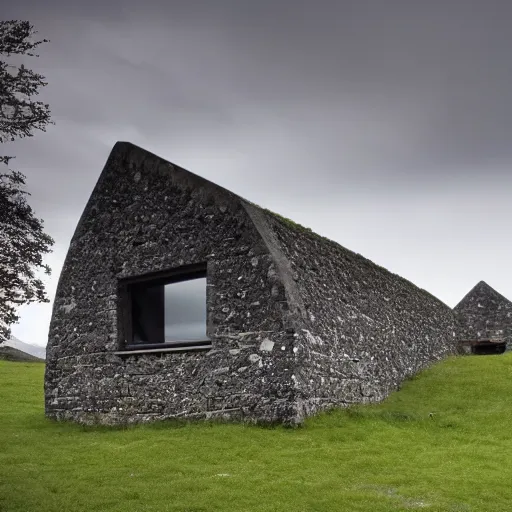 Prompt: ancient scottish dark stone blackhouse designed by le corbusier. fujinon premista 1 9, 4 5 mm