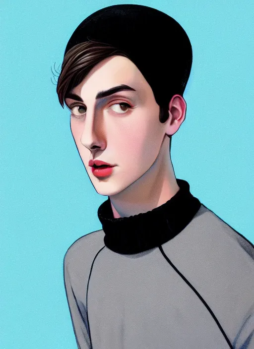 Image similar to portrait of teenage jughead jones wearing a light grey crown, crown, blue turtleneck, 1 9 5 0 s, closed eyes, photorealistic, black hair, glowing lighting, intricate, elegant, glowing lights, highly detailed, digital painting, artstation, concept art, smooth, sharp focus, illustration, art by wlop, mars ravelo and greg rutkowski