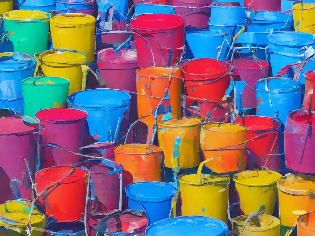 Image similar to colorful paint buckets in the style of simon stalenhag