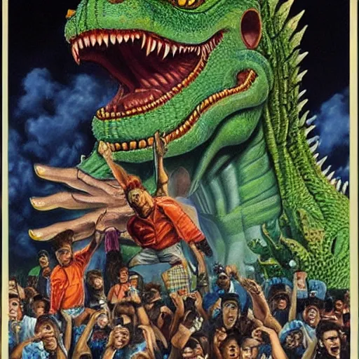 Prompt: beautiful lifelike painting of godzilla breakdancing at a rap concert, hyperreal detailed facial features and uv lighting, art by ed roth and basil wolverton