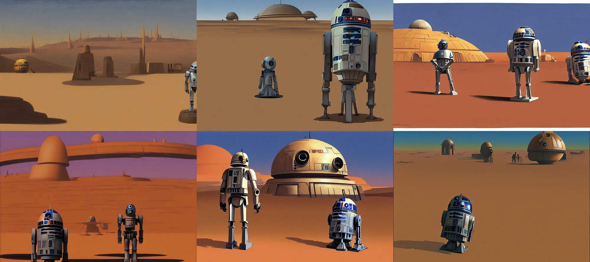 Prompt: a Star Wars droid standing in a Tatooine town by Ralph McQuarrie