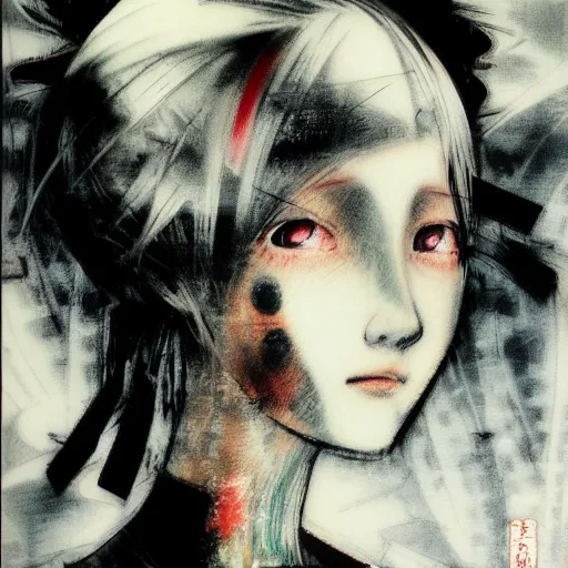 Image similar to Yoshitaka Amano realistic illustration of an anime girl with short white hair and black eyes wearing tuxedo, abstract black and white patterns on the background, noisy film grain effect, highly detailed, Renaissance oil painting