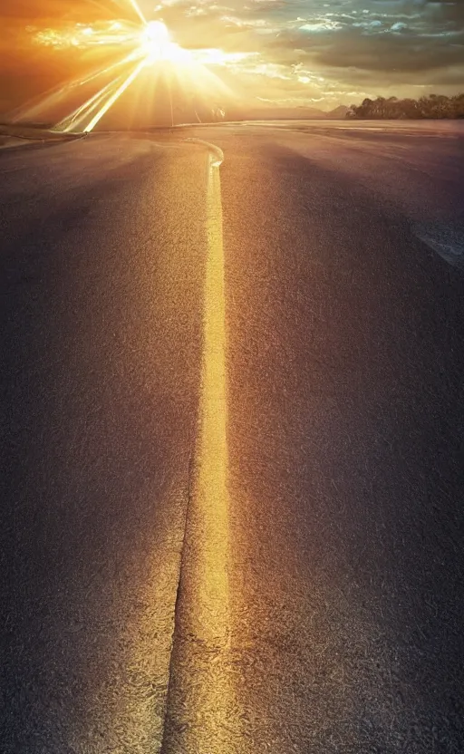 Image similar to paperback book cover. 2 0 2 0 s. pure colors, melting clouds, accurately drawn details, a sunburst above a receding road with the light reflected in furrows and ruts, after rain. photorealistic. octane render. cinematic. trending on artstation. textless.