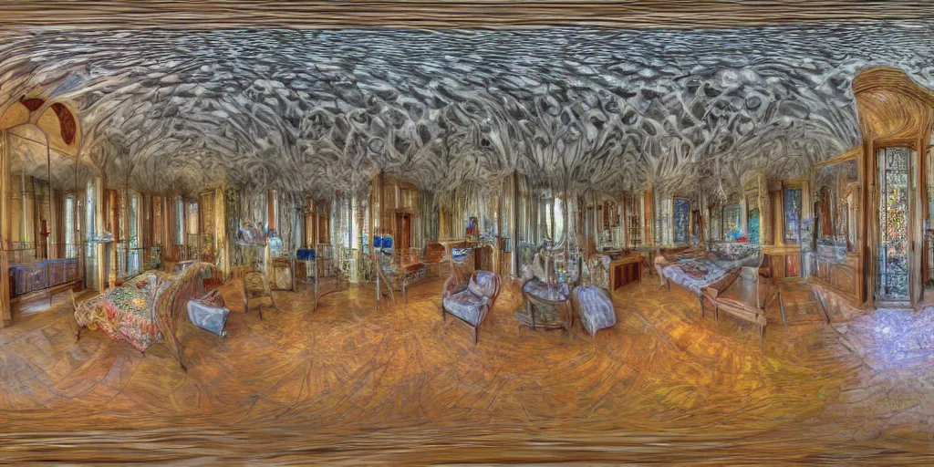 Prompt: equirectangular room by gaudi