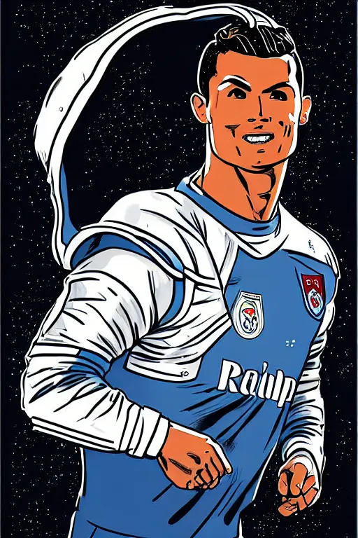 Image similar to portrait of cristiano ronaldo with astronaut armor and helmet, majestic, solemn, american comic style