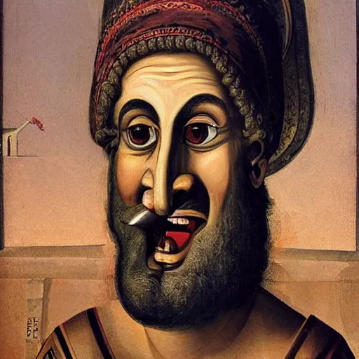 Prompt: portrait of ancient silly greek man with big eyes, sharp nose, and big open mouth. fine detail. artistic painting by lurid