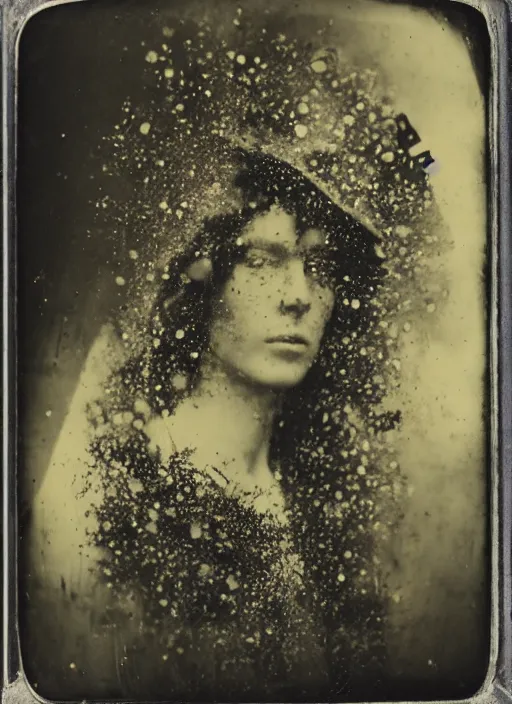 Prompt: old wetplate daguerreotype portrait, explosion of data fragments, fractal, intricate, elegant, highly detailed, parallax, leica, medium format, subsurface scattering, by damian hirst