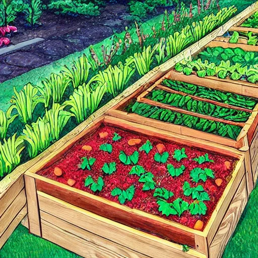 Image similar to raised garden beds full of tomotoes and string beans, concept art, illustrated, highly detailed, high quality, bright colors, optimistic,