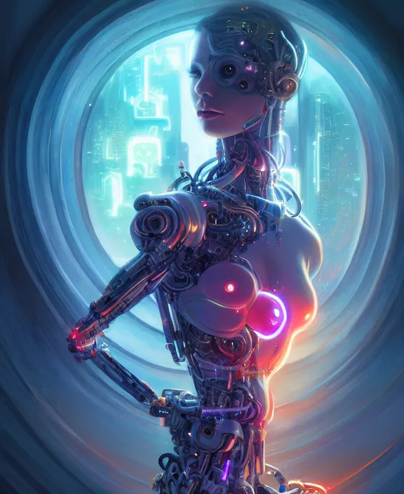 Image similar to whirlwind souls rushing inside metaverse, half body, glowin eyes, tiara, robotic, android, cyborg, cyberpunk face, by loish, d & d, fantasy, intricate, elegant, highly detailed, colorful, vivid color, digital painting, artstation, concept art, art by artgerm and greg rutkowski and alphonse mucha and ruan jia