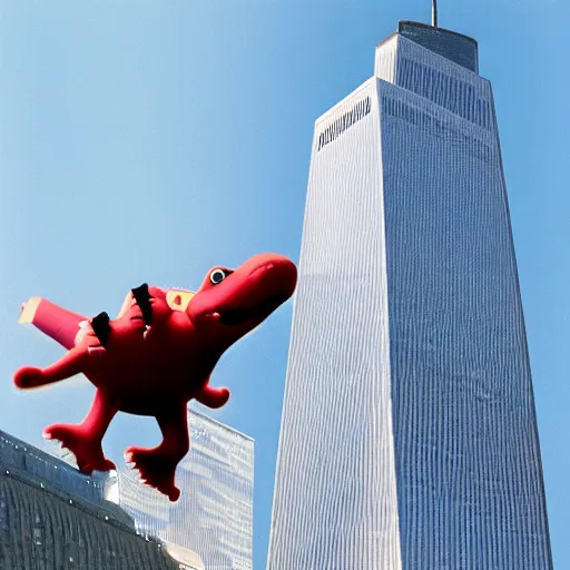 Prompt: Barney the Dinosaur flying a 777 right into one of the world trade center buildings