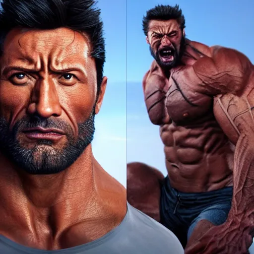 Image similar to Dwayne Johnson as Wolverine,muscle extremely detailed, fantastic details full face, mouth, trending on artstation, pixiv, cgsociety, hyperdetailed Unreal Engine, optimization 4k 8k ultra HD, WLOP