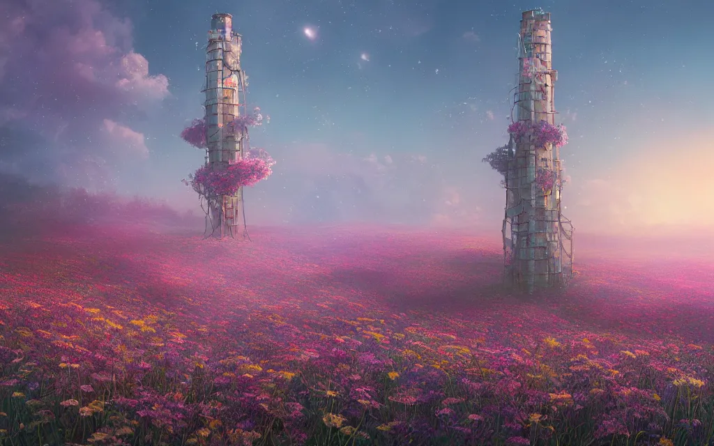 Prompt: a singular lonely tower in a field of flowers landscape by mike winkelmann, magic realism matte painting, vibrant colors, highly detailed