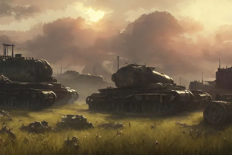 Image similar to concept art of an open field with ruined dieselpunk orcish tanks in the background, key visual, ambient lighting, highly detailed, digital painting, artstation, concept art, sharp focus, by makoto shinkai and akihiko yoshida and hidari and wlop