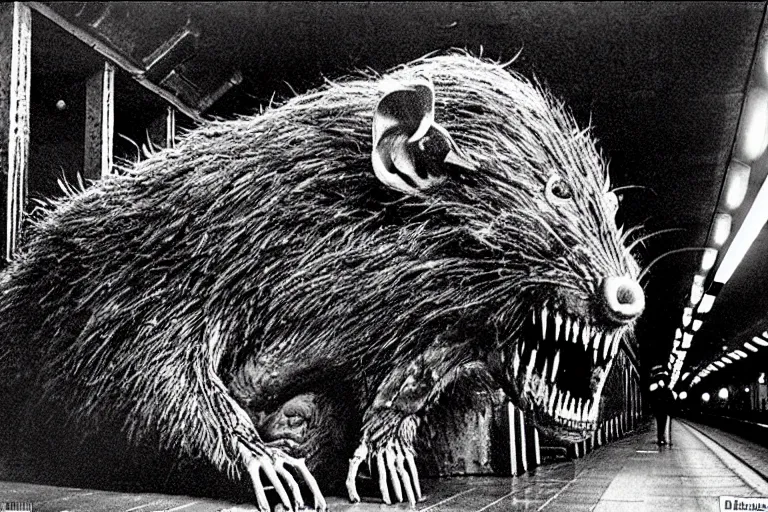 Prompt: very large giant mutant zombie irradiated ( angry rat ) staying on railways in tonnel of moscow subway. tonnel, railways, giant angry rat, furr, fangs, claws, very realistic. extreme long shot, 1 6 mm, herman nitsch and herman nitsch, giger.