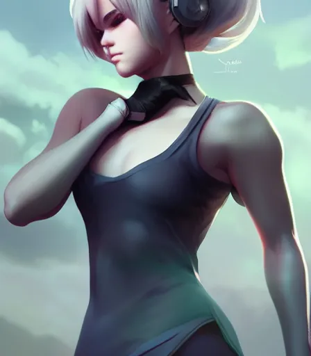 Image similar to beautiful portrait of a gorgeous personal trainer who looks like 2B , character design by charlie bowater, ross tran, artgerm, and makoto shinkai, detailed, soft lighting, rendered in octane