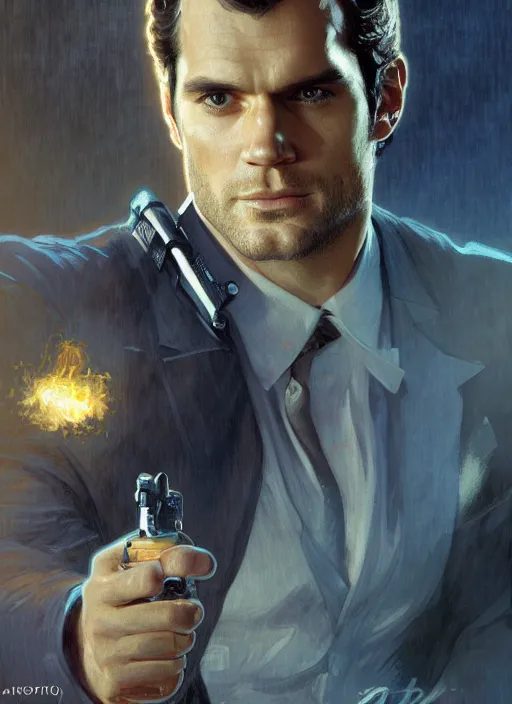 Image similar to portrait of henry cavill as james bond, fire, key art, palm trees, aston martin, highly detailed, digital painting, artstation, concept art, cinematic lighting, sharp focus, illustration, by gaston bussiere alphonse mucha