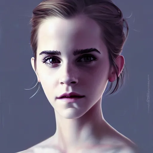 Prompt: emma watson a mouth a bit open, two eyes half closed and half a smile on her soul makes a beautiful portrait on the wall. by artgerm, alina ivanchenko, ruan jia and mandy jurgens