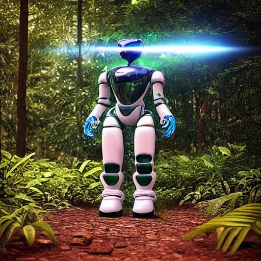 Prompt: “Organic space robot made of jungle forest, 8k resolution, Unreal Engine 5, entangled, futuristic, hyperrealism”