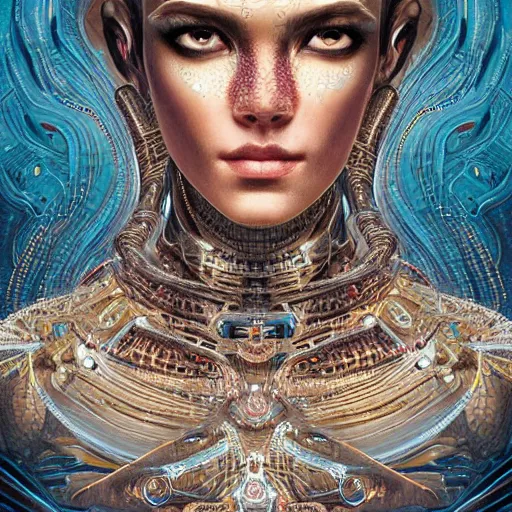 Image similar to a robotic goddess, jewelry skin, highly detailed, digital painting, smooth, sharp, beautiful face, expressive eyes, highly intricate, art by greg rutkowski and alex gray