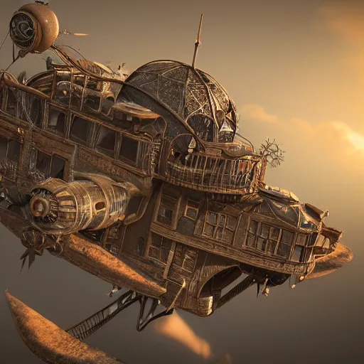 Image similar to a flying steampunk fortress, extremely detailed, behrens style, unreal 5 render, fantasy digital art, octane render, beautiful composition, trending on artstation, award - winning photograph, masterpiece