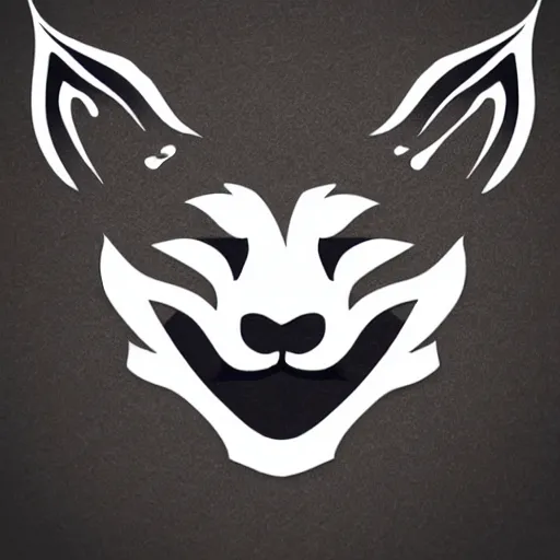 Image similar to logo with white anthropomorphic lynx portrait, evil face, glowing lines