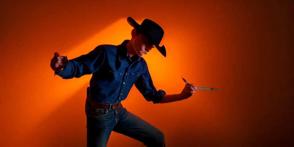 Image similar to a desk lamps orange halogen light breaks up the dark blue shadows of the room, tommy 1 6 years old, clasps his bangs in one hand, a pencil in the other. he thinks, action pose, medium close up shot, depth of field, sharp focus, waist up, old western, movie scene, anamorphic