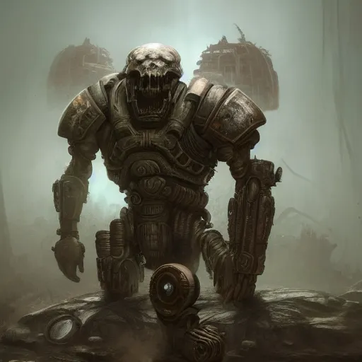 Image similar to Anthropomorphic athletic rusty robot in creepy environment,sci fi,concept art,matte painting, creepy,sci fi,in Gears of War cover art, ultra wide lens shot, beautiful, DnD character art portrait, matte fantasy painting, eerie, DeviantArt Artstation, by Jason Felix by Steve Argyle by Tyler Jacobson by Peter Mohrbacher, cinematic lighting