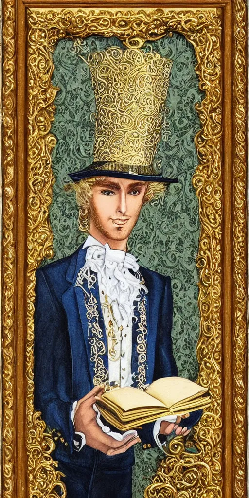 Image similar to beautiful detailed acrylic painting mystical mentalist man, has blond hair and a top hat. Wearing embroidered noble clothes. A small book with gold filigree in hand. Renaissance. Fantasy.